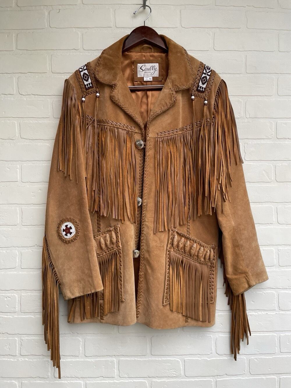 Scully Fringe Leather Jacket size 40 Hand Beaded Mens Tan Boars Suede